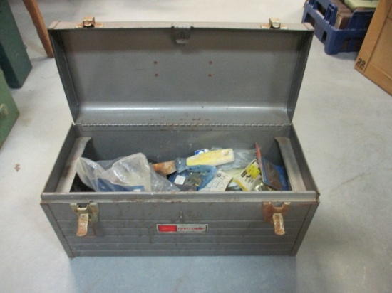 Metal Tool Box Full of Brackets, Hooks, Locks, Etc.