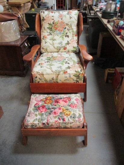 Heavy Reclining Wood Frame Chair with Cushions and Footstool.