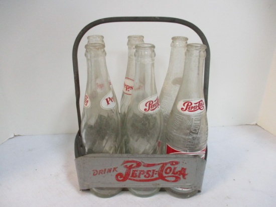 Vintage Metal Pepsi Carrier with Six Bottles.