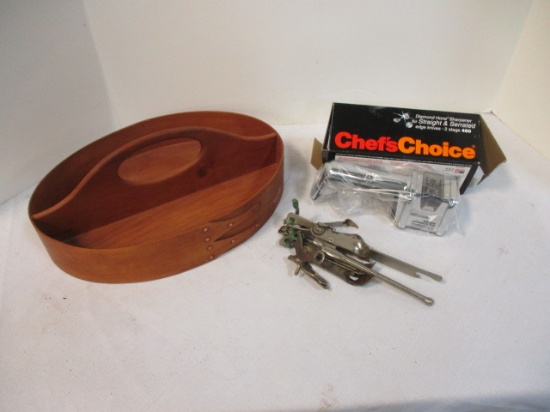 Wood Oval Serving Tray with Knife Sharpener, Can and Bottle Openers.