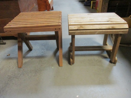 Two Wood Slatted Porch Tables.
