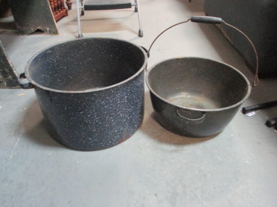 X Large Enamel Canning/Stock Pot and Large Enamel Pot with Handles.