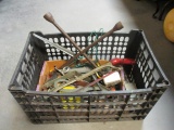 Crate of Miscellaneous Tools, Brackets, Saw,  Tire Iron, Etc.