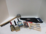 Seven New Paint Brushes, Wire Rush, Sanding Sponge, Tape, Pro Series Hand Saw.
