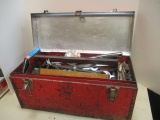 Metal Tool Box with Tray Full of Tools, Wrenches, Sockets, Wire Cutters, Etc.