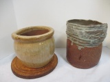 Ceramic Flower Pot, Wood Round Stand and Large Very Heavy Pot/Container.
