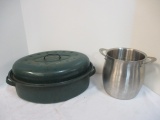 Stainless Steel Pot with Handles and Green Roaster with Lid.