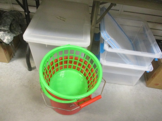 3 Clear Totes, Small Basket & Bucket