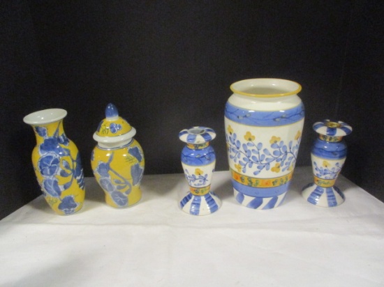 Oriental Porcelain Vase & Ginger, 9" Vase & Candleholder Set