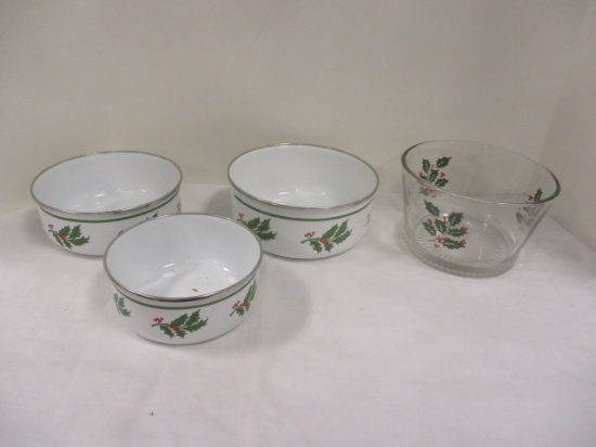 Enamel 3 PC Bowls, & Glass Christmas Bowl
