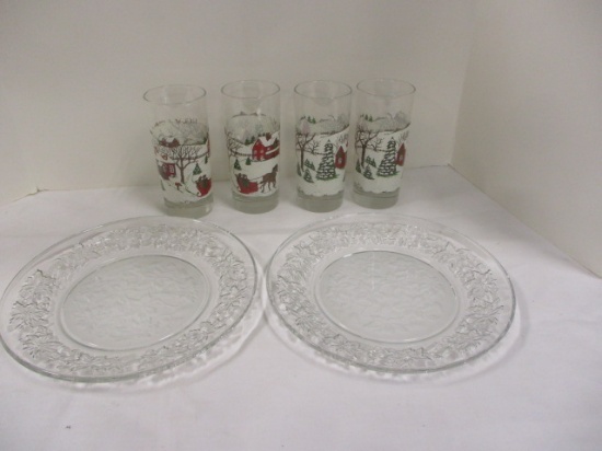 Libby Winter Village Drinking Glasses & 2 Christmas Plates