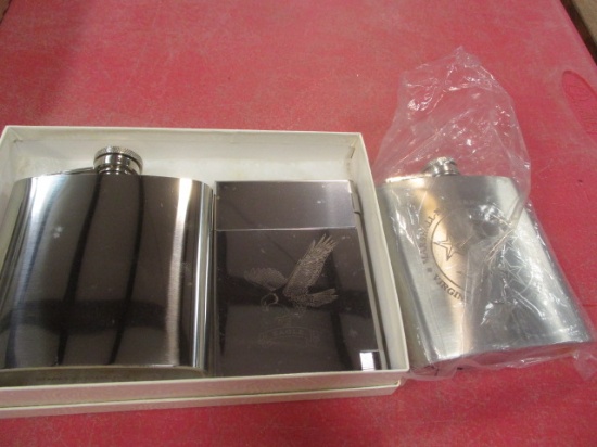 Eagle Silver Flask/Cigarette Set & Marshall VMI Flask