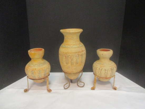 Vintage Tribal Style Clay Vase Set (Lot of 3)