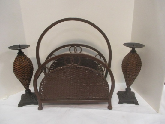 Wicker & Metal Vintage Magazine Rack & PR Wicker Candleholders