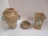 Vintage Stoneware Glazed Vase, Pottery Dish, & Pottery Vase