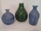 Blue/Green Mosaic Tile Vase and Two Blue Frosted Glass Bottle Vases