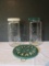 Two Golden Harvest Glass Cannisters and Enamel Coated Cast Metal Trivet