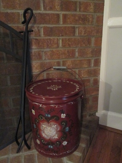 Handpainted Folk Art Ash Can and Wrought Iron Log Grabber