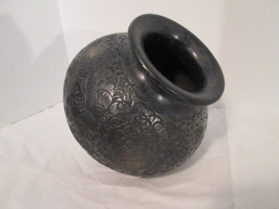 Signed Round Bottom Black Clay Pottery Vessel