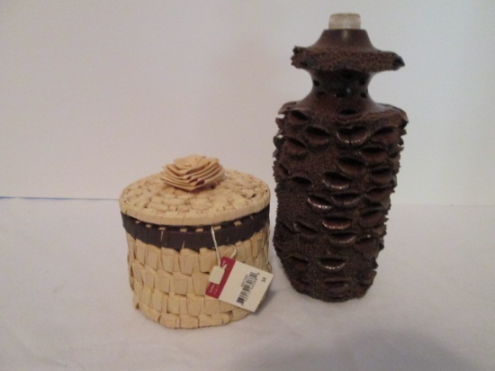 Ten Thousand Villages Palm Rose Basket and Tom Hutton Signed Banksia Pod Vase
