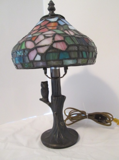 Tiffany Stained Glass Style Lamp with Floral Design Shade and Owl in Tree Post