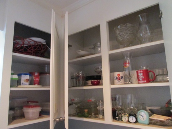 Contents of Corner Wall Cabinets-Glassware, Vases, Serving Pieces, Plastic Ware, etc.