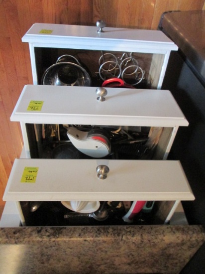 Contents of 3 Drawers-Kitchen Utensils, Colanders, Scissors, Pot Holders,