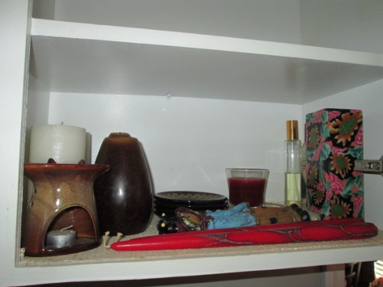 Grouping of Pillar Candles, Tapers, Pillar Saucers and Pottery Warmer