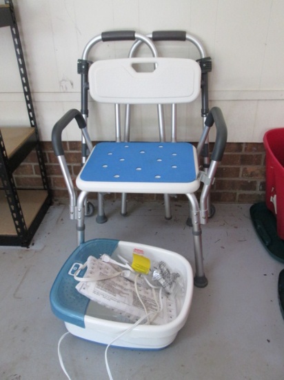 Shower Chair, Folding Walker, Heating Pad and HoMedics Foot Bath