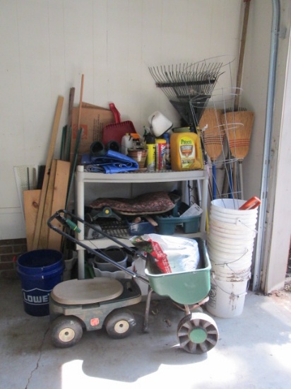 Contents of Garage Corner: 3 Tier Shelf Unit, Yard Tools, Yard Chemicals, Tarps,