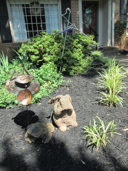 Yard Art: Concrete Toad and Rabbit, Copper Frog on Lily Pad Yard Spike and