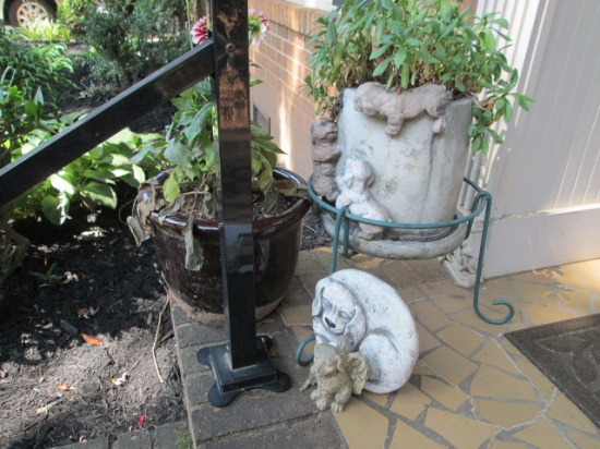 Two Flower Pots with Live Plants, Metal Plant Stand, Sleeping Dog Stepping Stone