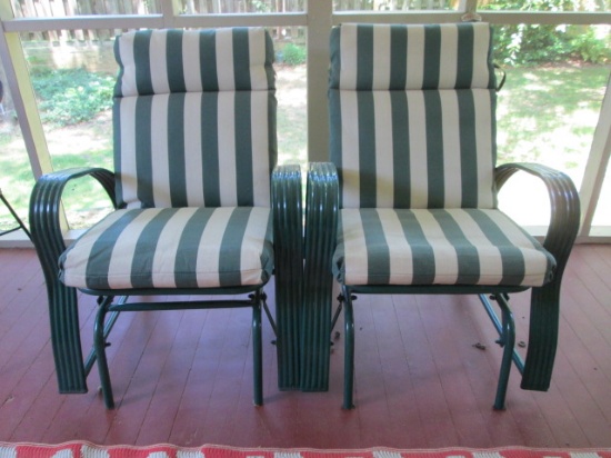 Pair of Green Metal Glider Arm Chairs with Removable Cushions