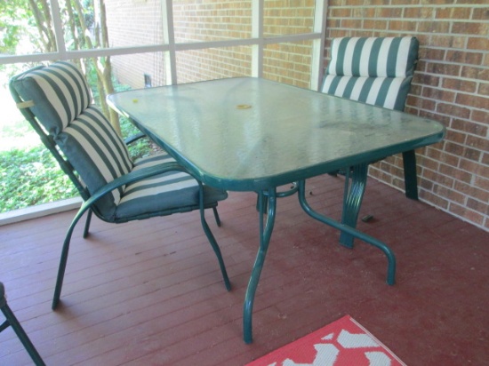 Green Metal Rectangle Umbrella Table and Pair of Arm Chairs
