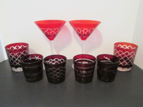 Ruby Red Cut to Clear Crystal Old Fashions and Cocktail Glasses
