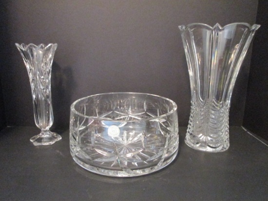 Hand Cut Czech Republic Crystal Centerpiece Bowl, Drape Design Vase and Footed Vase