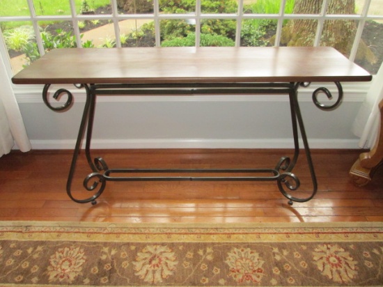 Wood Plank Console Table with Wrought Iron Base