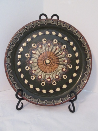 Handpainted Mexican Pottery Plate with Wrought Iron Stand
