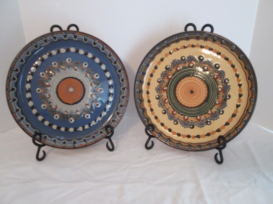Two Handpainted Mexican Pottery Plates with Wrought Iron Stands