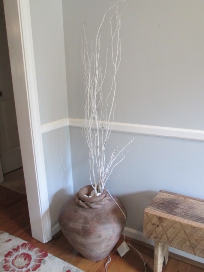 Large Bulbous Mexican Pottery Vessel with Lighted Twig Arrangement