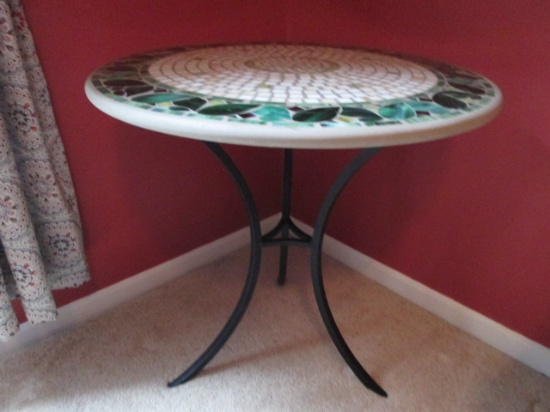 Wrought Iron Concrete Top Table with Stained Glass Mosaic Design