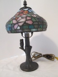 Tiffany Stained Glass Style Lamp with Floral Design Shade and Owl in Tree Post