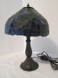 Tiffany Stained Glass Style Lamp with Hanging Leaf Design Shade and Lily Pad Base