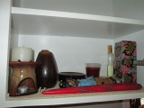 Grouping of Pillar Candles, Tapers, Pillar Saucers and Pottery Warmer