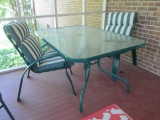 Green Metal Rectangle Umbrella Table and Pair of Arm Chairs
