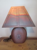 Live Edge Hand Carved Wooden Slab Body Vase with Punched Copper Shade