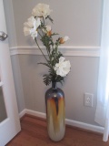 Tall Drip Glazed Pottery Bottle Vase with Artificial Poppy Arrangement