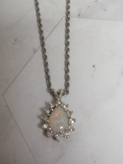 24" Sterling Silver Rope Chain with Opal and Diamond Pendant