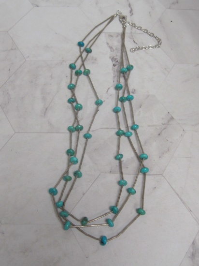 18" Sterling Silver Liquid Silver Triple Strand Turquoise Necklace