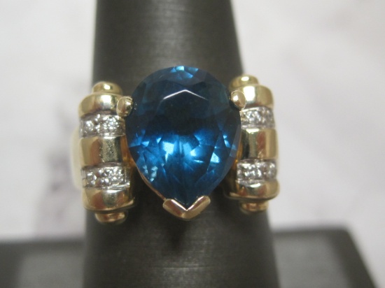 14k Gold Blue Topaz and Diamond Ring